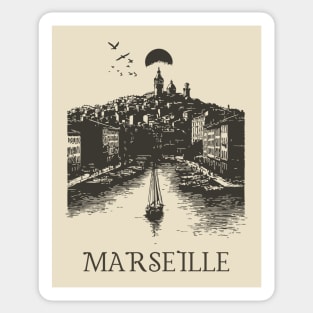 Marseille Vintage Woodcut | Retro South of France Harbor View Sticker